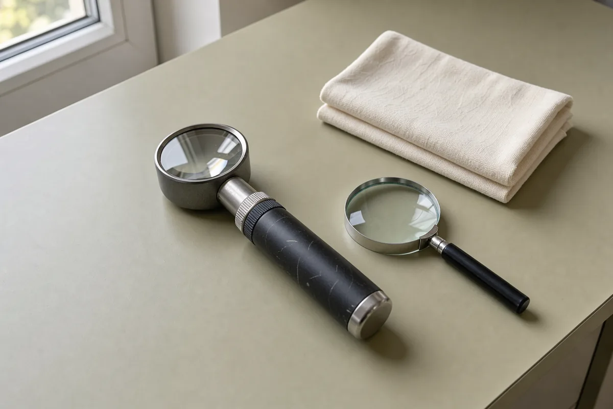 A handheld dermatoscope and magnifying lens on a pale olive examination desk