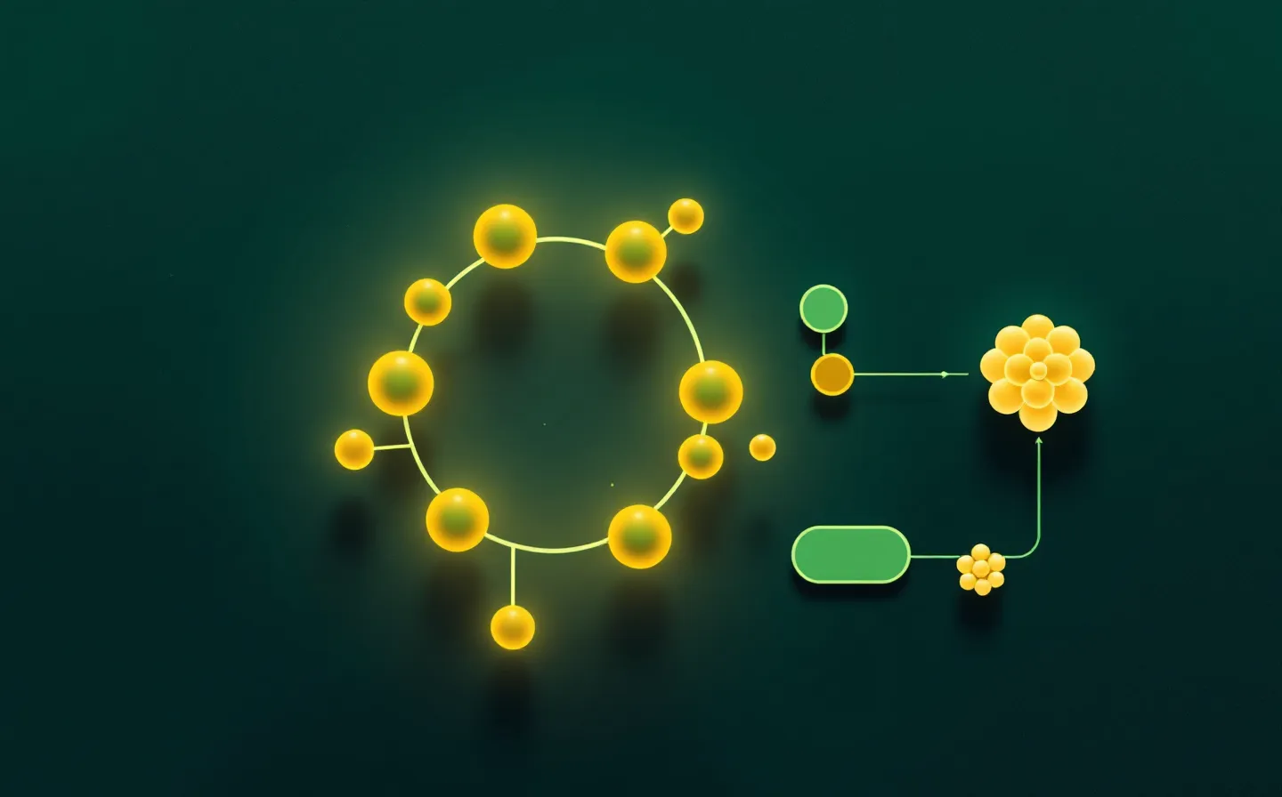 Abstract deep-evergreen illustration of a cyclic melanocortin peptide ring with one gold-highlighted node, a three-step signaling cascade flowing into a nested melanosome form, and faint UV rays meeting a pigment band
