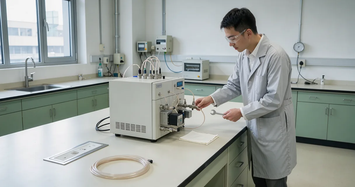 A technician beside chromatography equipment with steel fittings on an ivory laboratory bench