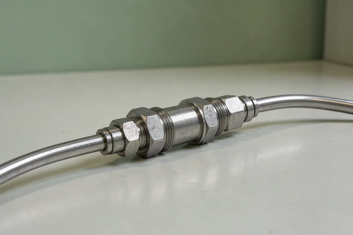 Stainless chromatography tubing and a column coupling seen closely on a light laboratory bench