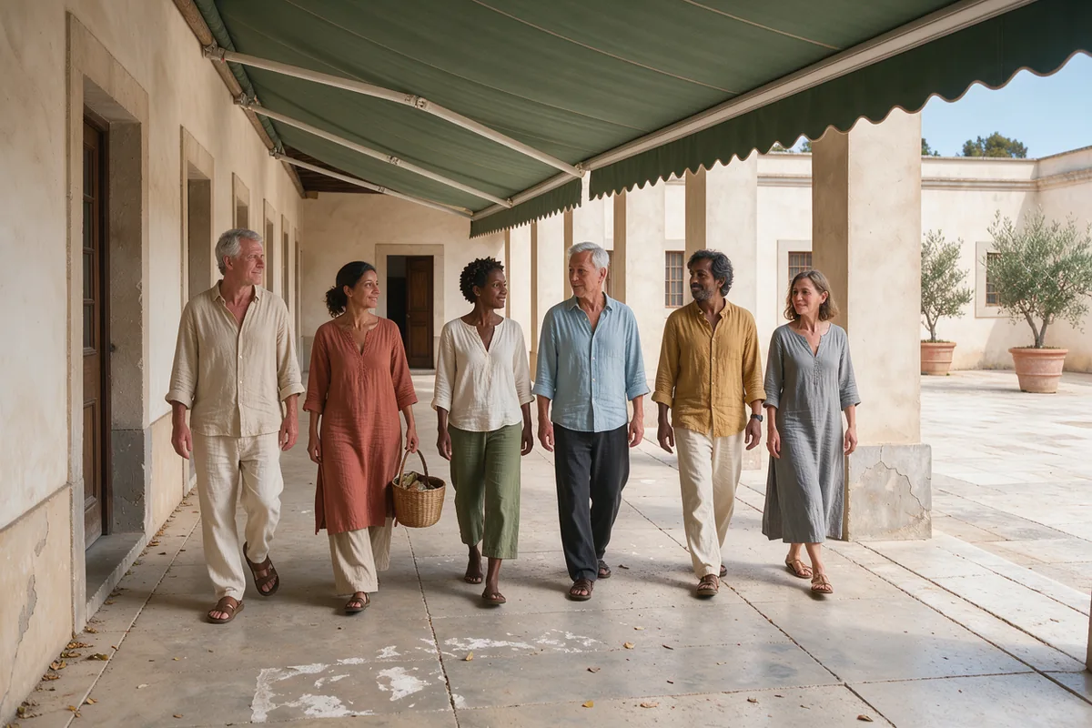 Adults walking through the shaded side of an arcade beside a bright sunlit courtyard